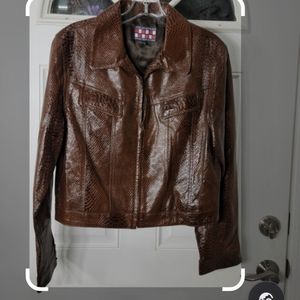 NEW Ladies Brown Reptile Print Leather Truckers Style Jacket Size L